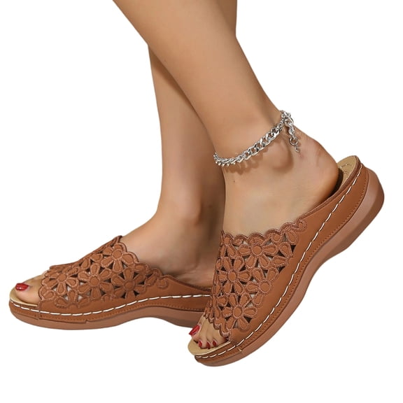 Domuza Orthopedic Casual Sandals for Women Non Slip Slip on Arch Support Summer Flat Sandals Wide Width Walking Shoes 2026 New Beach Foam Shoes Brown 5.5(EU-36)
