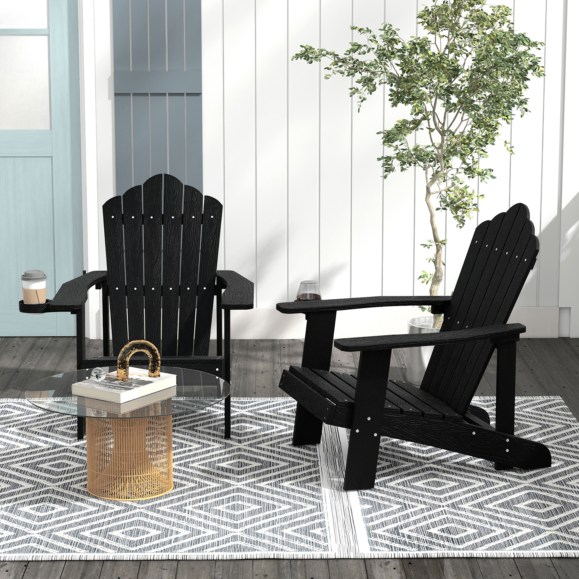 Gymax Patio HIPS Outdoor Weather Resistant Slatted Chair Adirondack Chair w/ Cup Holder Black