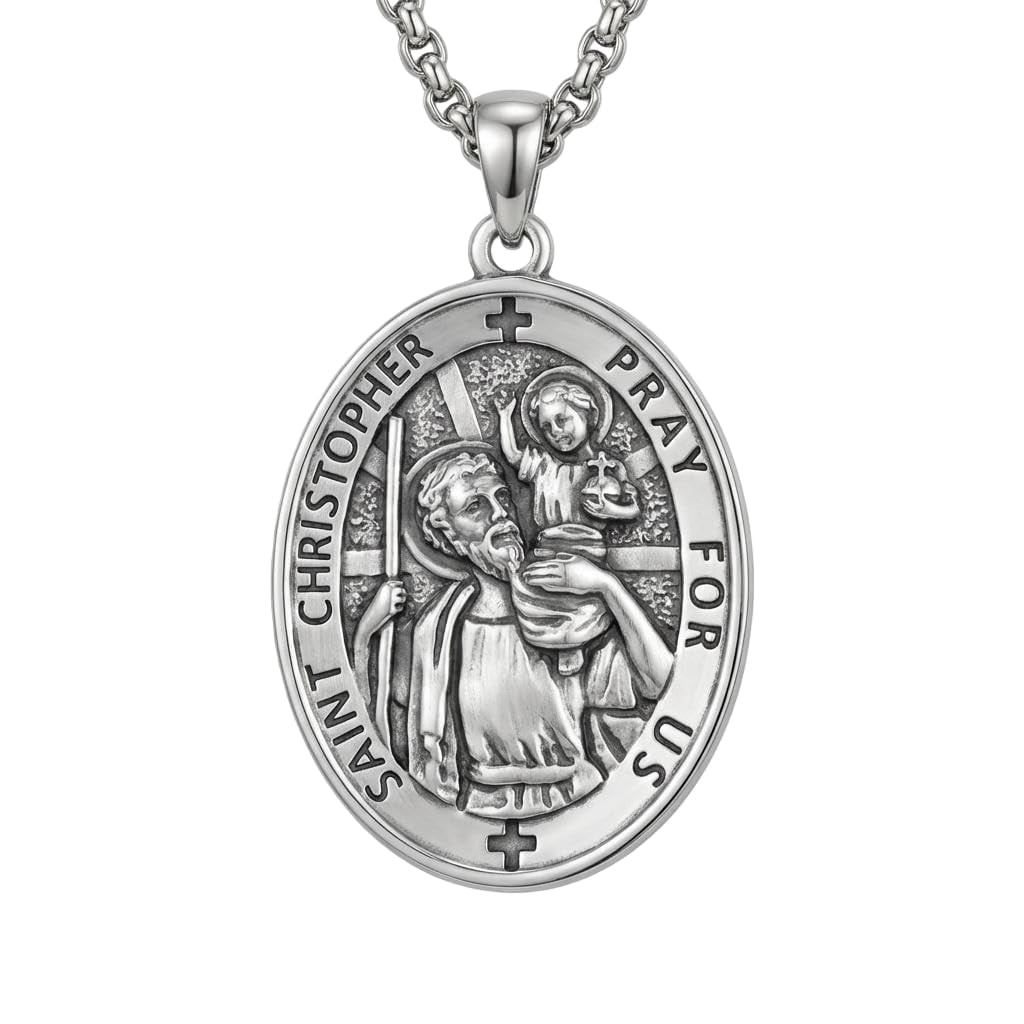 MYSTICPOEM St Christopher Medal Saint Christopher Pendant Necklace Medalla De San Cristobal Protection Jewelry Confirmation First Communion Necklace Catholic Christian Religious Gifts