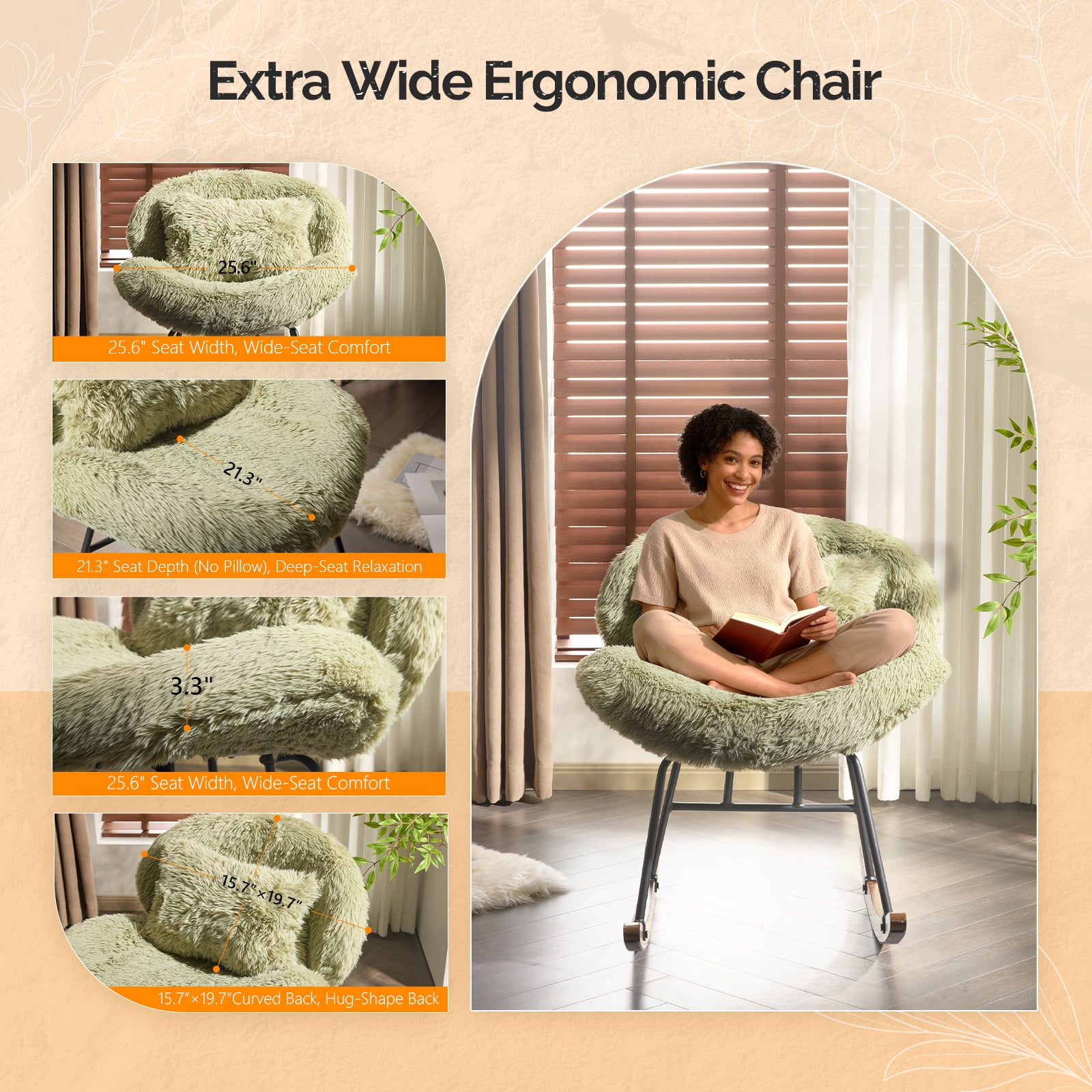 Ktaxon Rocking Accent Chair with Padded Seat, Cute Cozy Nest Style Nursery Chair, Long Pile Fabric Glider Rocker with Wooden Metal Frame Green