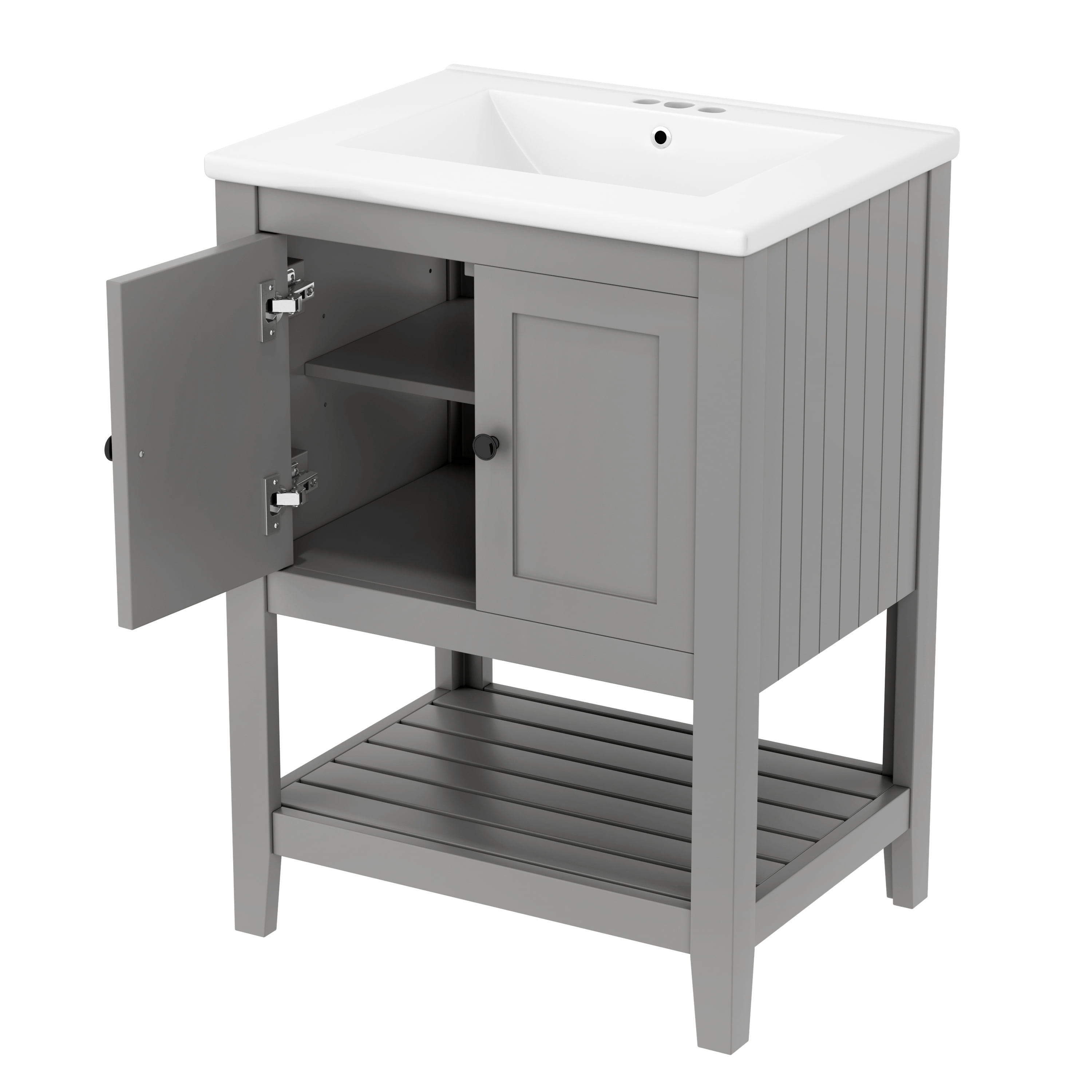 24'' Modern Bathroom Vanity with Ceramic Sink, Solid Wood Frame, Two-Door Cabinet & Open Bottom Shelf