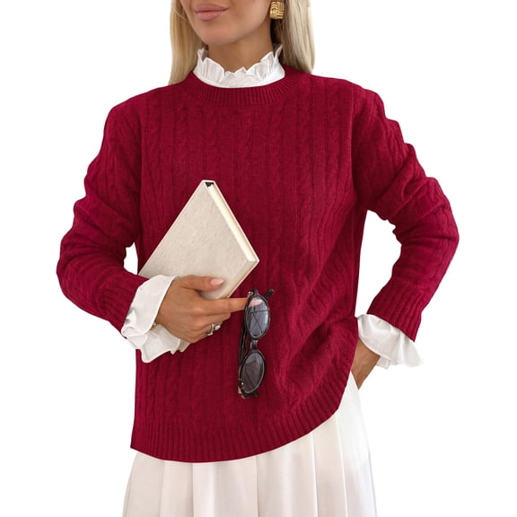 PRETTYGARDEN Women's Cable Knit Sweaters Long Sleeve Pullover Fall Outfits Soft Cozy Knit Tops, Ribbed Crewneck Regular Fit, Basic Daily, Work Business Casual, Teacher Outfits, Winter Layer Clothing