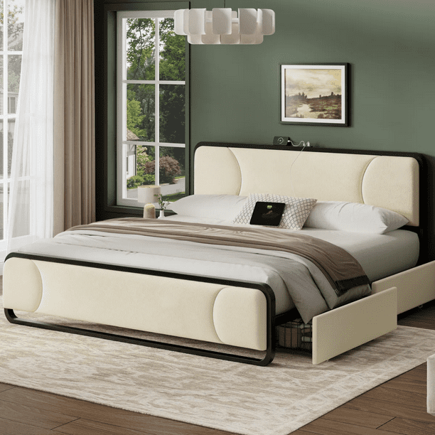 Base Cama Elaborada De Terciopelo Marco de Metal - Cama De 2 Cajones De Almacenamiento, Estación De Carga 1 USB, 1 Tipo C, Apariencia Lujosa, Cálida Al Tacto Ideal para Tu Hogar