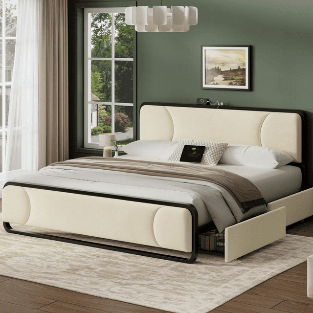Base Cama Elaborada De Terciopelo Marco de Metal - Cama De 2 Cajones De Almacenamiento, Estación De Carga 1 USB, 1 Tipo C, Apariencia Lujosa, Cálida Al Tacto Ideal para Tu Hogar