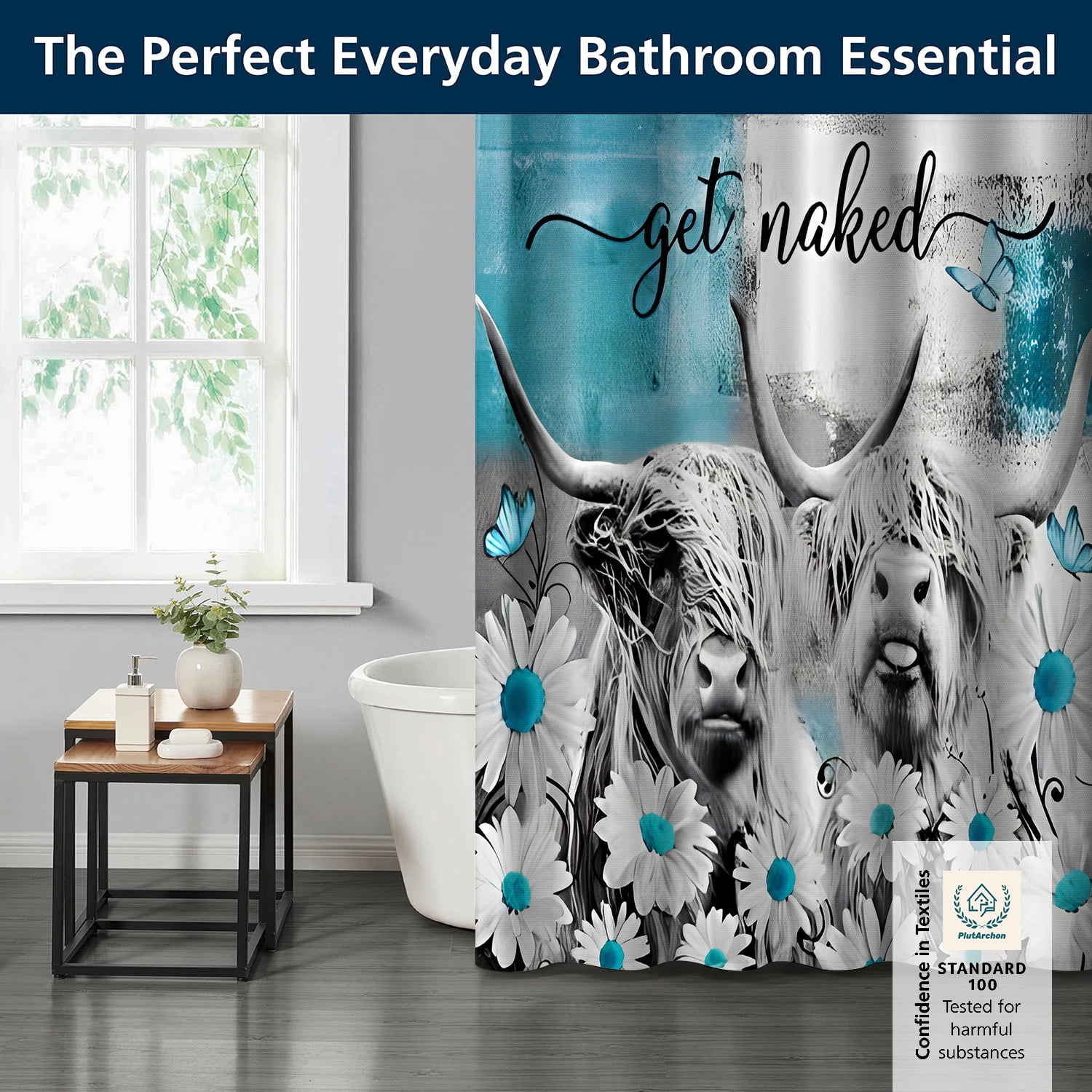 PLUTARCHON 1pc Playful Highland Cow Bathroom Set - Turquoise Fabric Shower Curtain & Rug, Get Naked Funny Modern Decor, 70.8"x70.8"