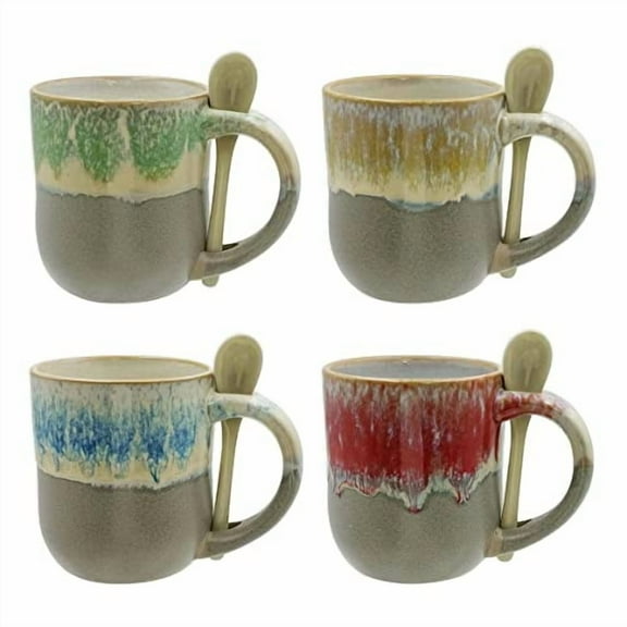 Mug with Spoon Glazed Ceramic Coffee Mugs Set of 4, Gray Toned Base 16 Ounce Kitchen Cups, Gorgeous Unique Design Coffee Mugs, Best Gift for Men & Women Mugs (Set of 4 Assorted Colors)