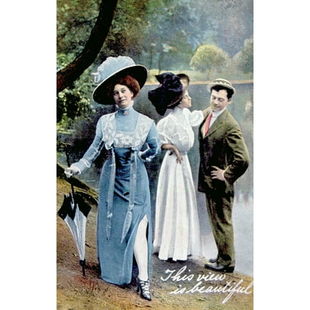 A Humorous Card From 1908 Depicting A Man And Two Women In The Park