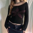 thumbnail image 5 of Women Y2k Off Shoulder Sweater Vintage Floral Graphic Long Sleeve Knit Pullover Slim Streetwear Black Red Flowers S, 5 of 7