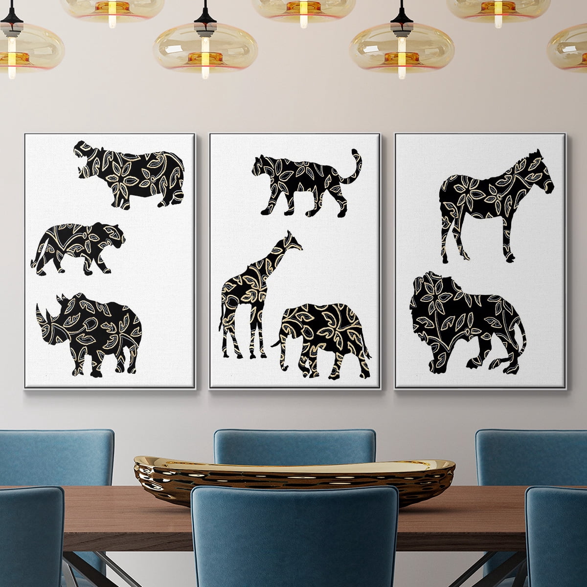 Ornamental Safari Animals I - Framed Premium Gallery Wrapped Canvas L Frame 3 Piece Set - Ready to Hang