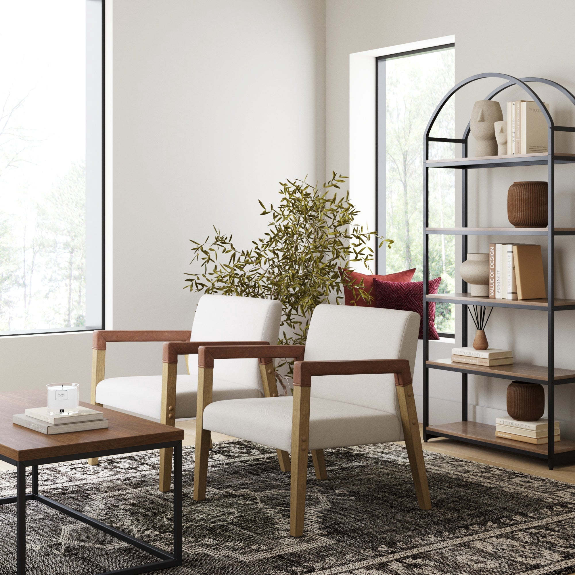 Nathan James Hudson Natural Flax Upholstered Accent Chair with Arms Wrapped in Chestnut Brown Faux Leather