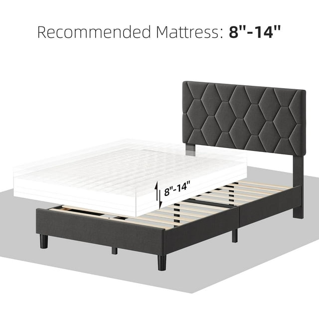 OUYAWEI Cadre de Lit Format Simple avec Tête de Lit, Cadre de Lit Plateforme Robuste avec Lattes de Bois Solides, Base de Matelas Rembourrée Sans Sommier Requis, Gris Pâle