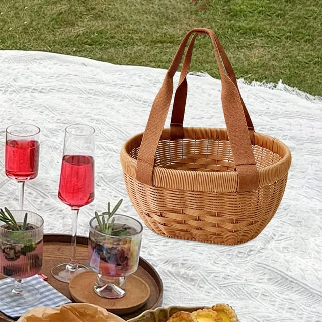 Cesta de compra de imitación mimbre, ligera, tejida a mano con asa, ideal para guardar alimentos, perfecta para picnics, camping y decoración del