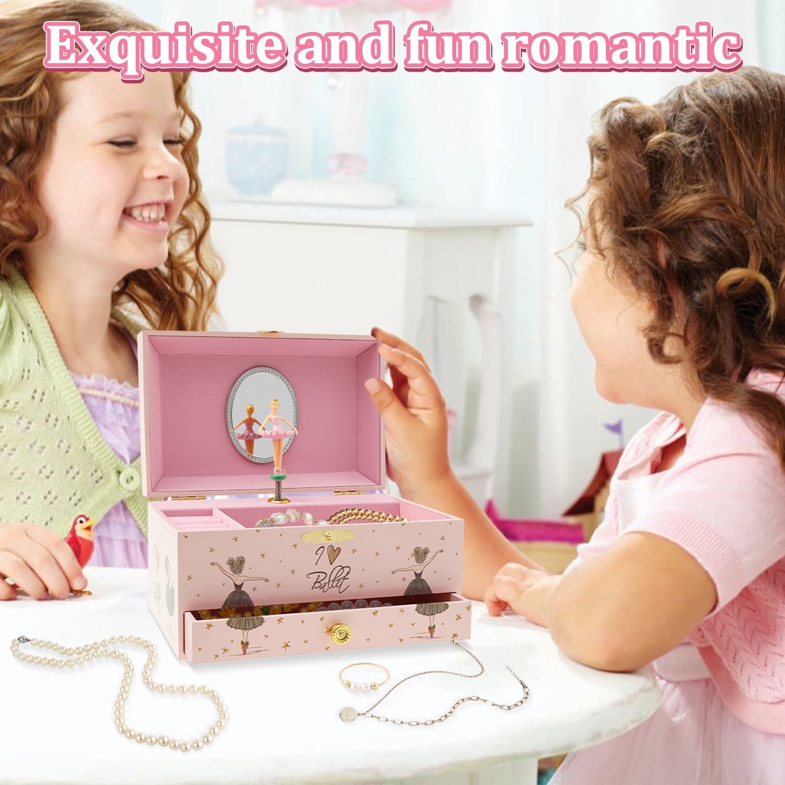 Musical Jewelry Storage Box Decorative Jewelry Organizer Box with Drawer Bracelet Ring Holder Case for Girls Kids Present