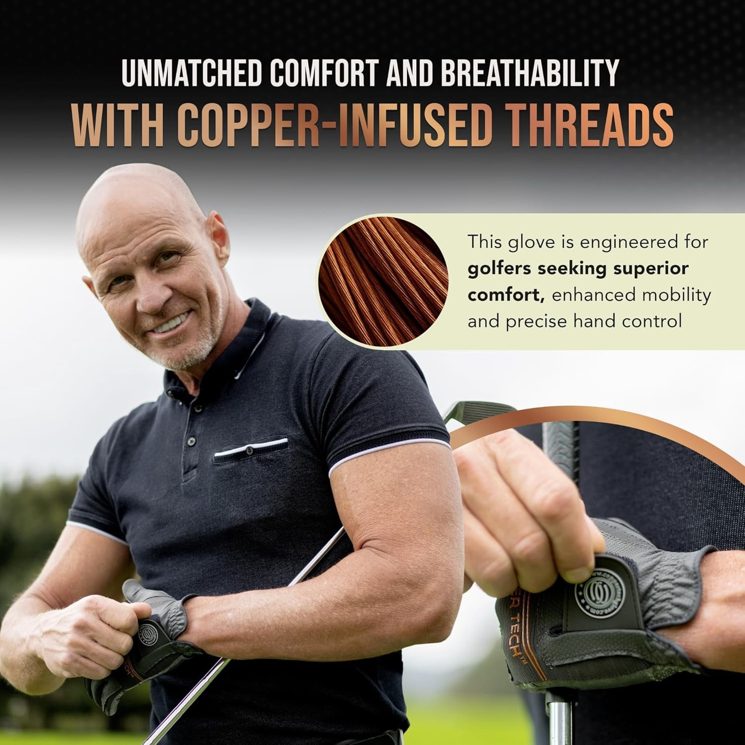 Copper Tech Golf Gloves Men (2 Pack)| Copper Compression Joint Support | Flexible & Comfortable Fit with AAA Leather (Charcoal Gray, Small, Left)