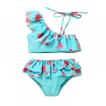 

[BRAND CLEARANCE!!!] 18M-6T Toddler Girls Ruffled Swimsuits Two-Pieces Floral Bathing Suits Halter Crop Top And Bikini Bottoms Swimwear Kids Sunsuit Tankini Suit (Blue)