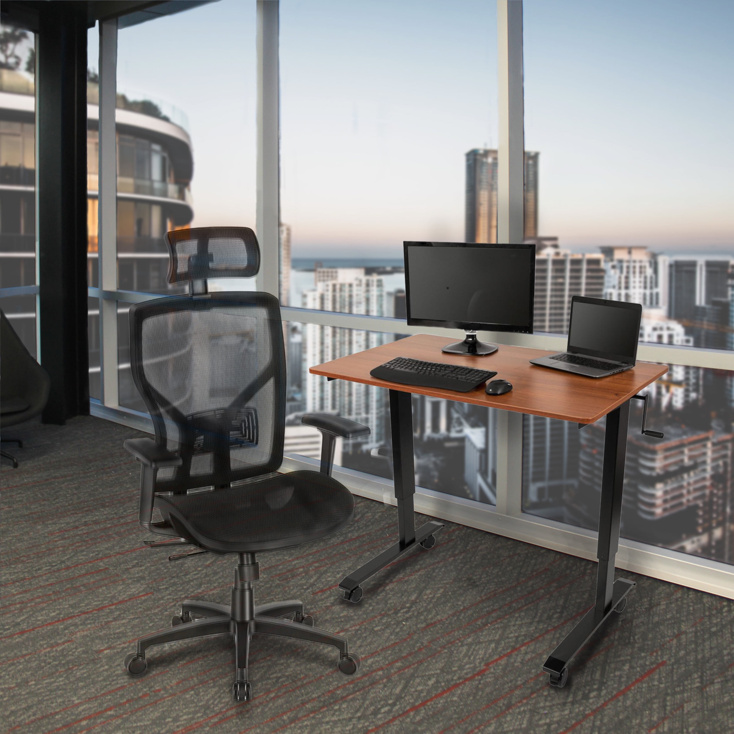 Stand Up Desk Store Crank Adjustable Height Rolling Standing Desk (Black Frame/Teak Top, 48" Wide)