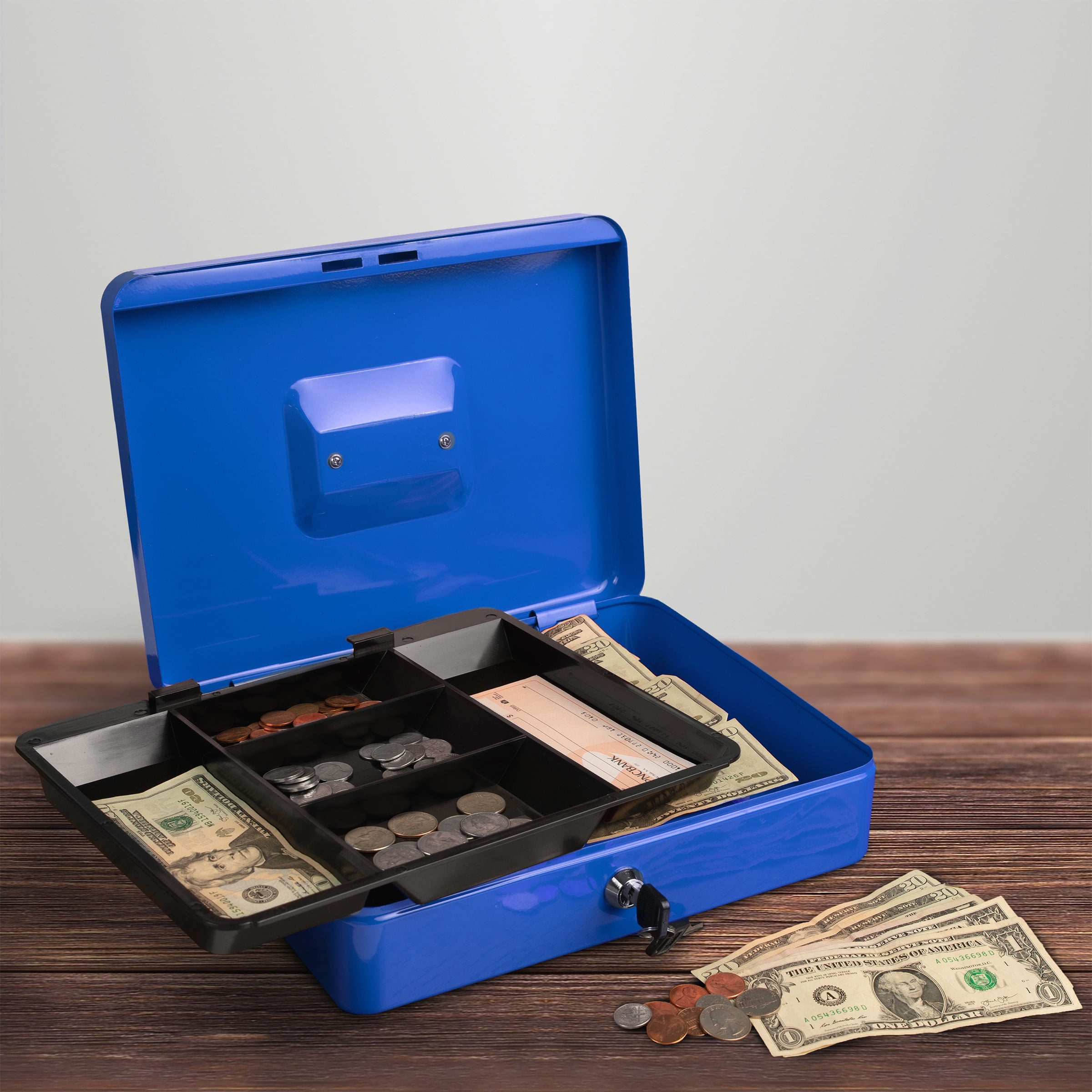 Cash Box Locking Petty Cash Safe with Removable 5 Slot Coin Tray and