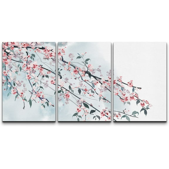 wall26 - 3 Panel Canvas Wall Art - Ink Painting Style Pink Cherry Blossom on The Branch - Giclee Print Gallery Wrap Modern Home Art Ready to Hang - 24"x36" x 3 Panels