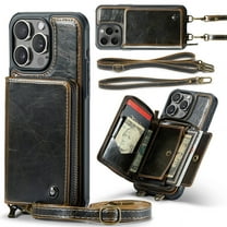 Dteck Wallet Case for iPhone 16 Pro,Luxury Leather RFID Blocking Zipper Crossbody Wallet Case with Card Slots Shockproof Kickstand Cover with Shoulder Strap/Wrist Strap,Coffee