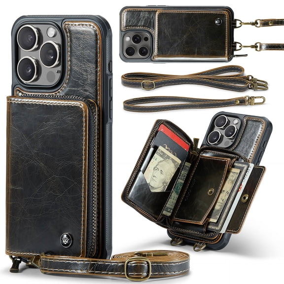 Elehold PU Leather Zipper Pocket Wallet Case for iPhone 16 Pro Max RFID Blocking Card Holders Large Capacity Anti-Scratch Detachable Handstrap Shockproof Case, Coffee