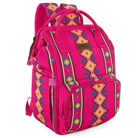 Wrangler Aztec Travel Backpack Baby Bag for Women with Stroller Strap and Side Bottle Pockets Organized Diaper Bag Hot Pink