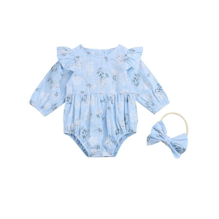

Canrulo Newborn Infant Baby Girls Romper Set Floral Ruffle Long Sleeve Jumpsuit Cotton Bodysuit Headband Blue 18-24 Months