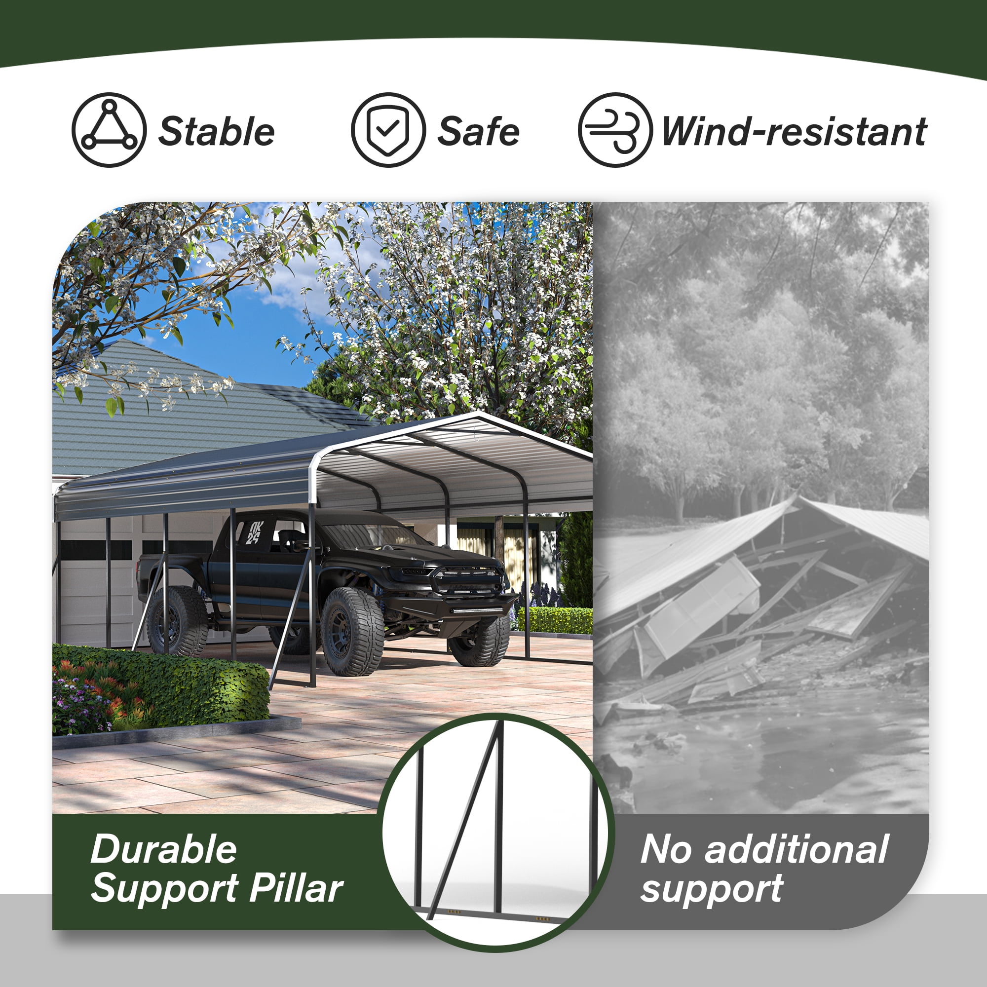 JAXSUNNY 12' x 20' Metal Carport, Heavy Duty Galvanized Steel Car Garage Canopy for Outdoor, Dark Gray