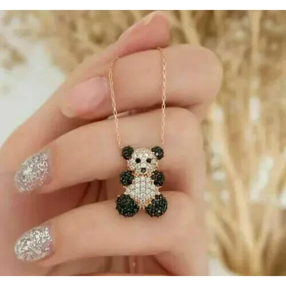 Sparkle Jewels Round Black Cubic Zirconia Cluster Teddy Bear Pendant Necklace 14K Yellow Gold Plated