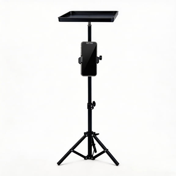 Adjustable Projector Tripod Stand with Phone Holder, Foldable Portable Projector Stand with Anti-Slip Tray, Height 21.65"-47.2" for Home Theater Outdoor Movie Office Live Streaming