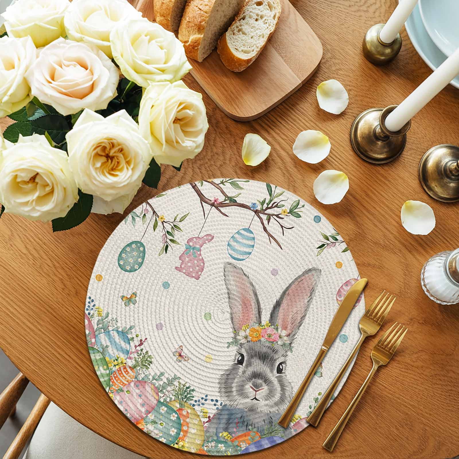 Round Woven Placemats set of 8, Eggs Bunny Easter Tree Washable&Heat Resistant Plastic Wipeable Placemats for Round Table Spring Floral Kitchen Dining Table Decor, 15in, Beige