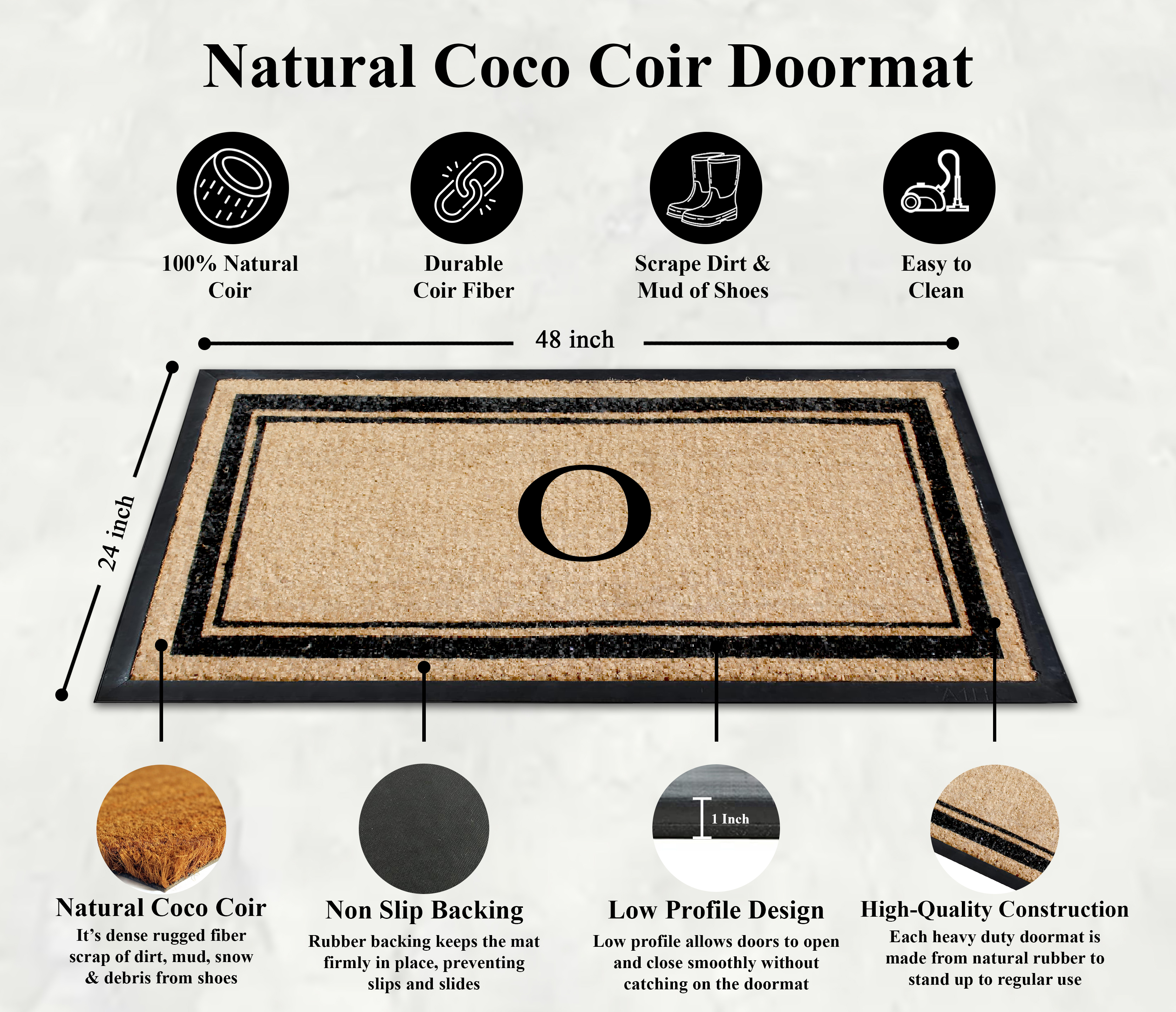 A1HC Natural Coir & Rubber 24"x48" Monogrammed Plain Border Door Mat, Heavy-Duty, Low-Profile, Anti-Shed, Easy to Clean, Outdoor