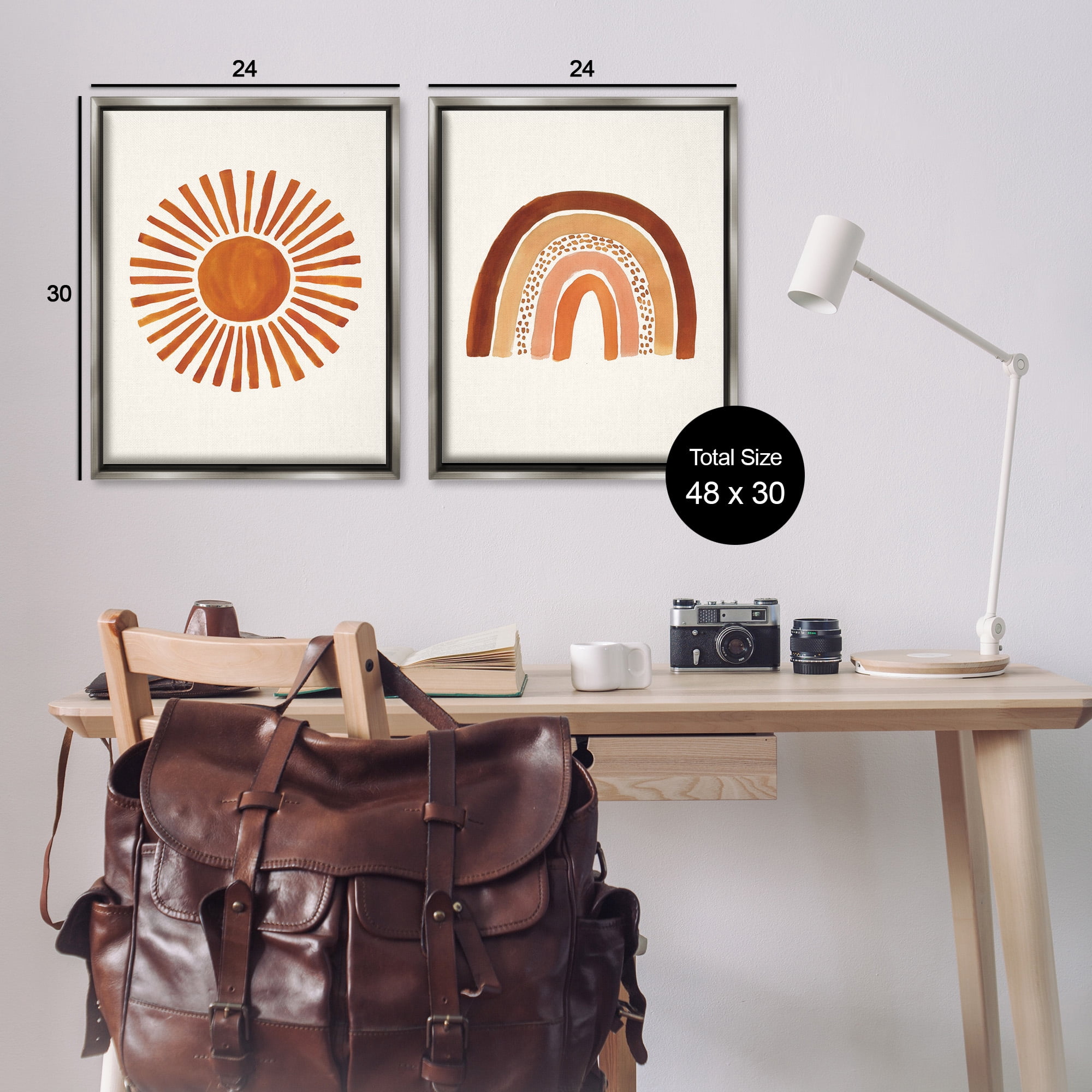 Stupell Industries Orange Sun Patterned Rainbow Boho Landscape Painting Gray Floater Framed Canvas Art Print Wall Art, 25 x 31, Set of 2