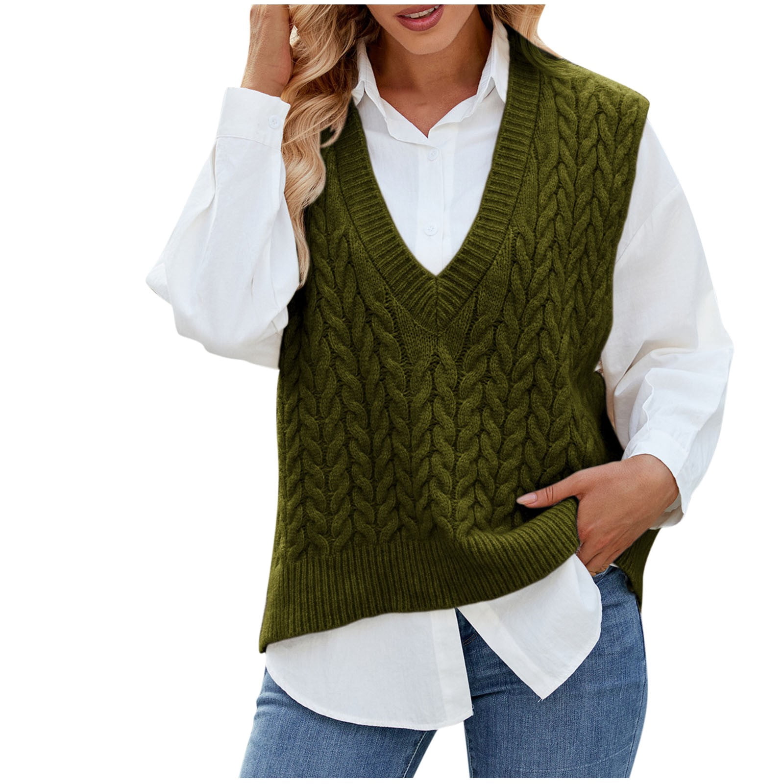 Olyvenn Women Loose V-Neck Sweater Vest, Sleeveless Cable Knit