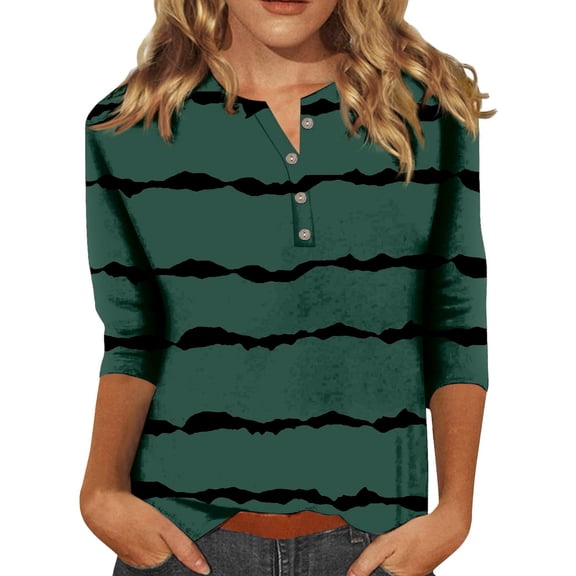 Tiqkatyck Womens Tops Clearance, Women's Fashion Button Up 3/4 Sleeve Solid Color T Shirt Shirts for Women, Summer Tops for Women 2024 Army Green L