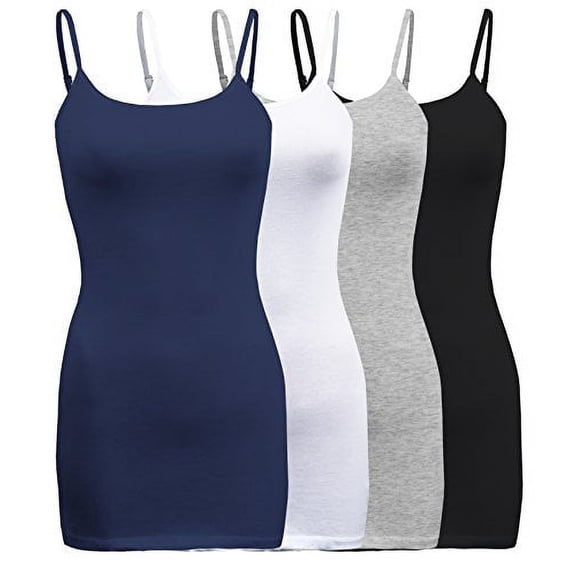 ShezPretty Womens & Juniors Basic Solid Long Length Adjustable Spaghetti Strap Camisole Tank Top (4PK - Medium, True Navy/White/Black/H.Grey)