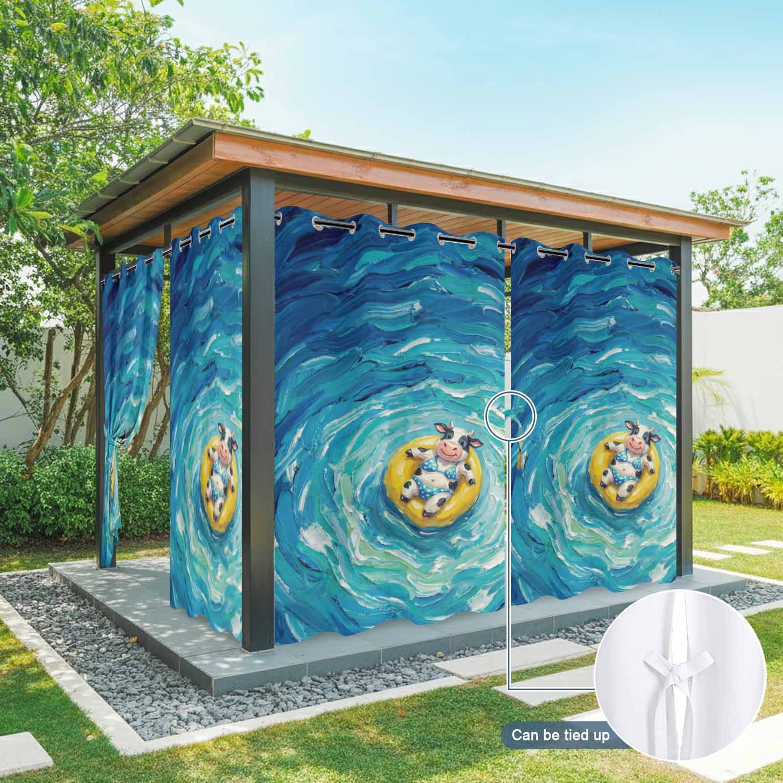 Funny Art Outdoor Curtains for Patio, Summer Cow Swimming Blue Sea View Oil Painting Sunshade Privacy Drapes Grommet Waterproof Outside Curtains for Porch/Cabana/Balcony 54"x 108", 1 Panel