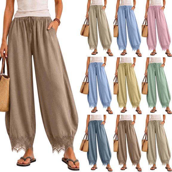 Women's Casual Pants Elastic Waist Patch Lace Pant With Pockets Baggy Straight Leg Trousers