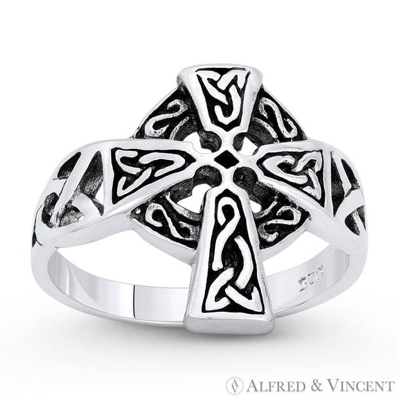Celtic Pewter Cross & Knot Religious Charm Wide Ring in Oxidized .925 Sterling Silver
