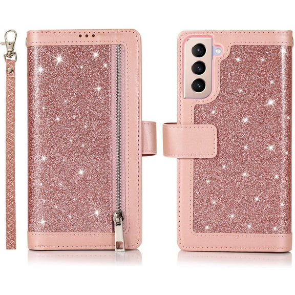 Wallet Case for Samsung Galaxy S21 5G, Magnetic Handbag Zipper Pocket PU Leather Flip with 9 Card Slots and Wrist Strap Folio TPU Inner Stand Case - Rose Gold