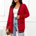 thumbnail image 4 of Otvok Womens Long Sleeve Knit Cardigan with Pockets, Ladies Contrast Strip Trim V Neck Pearl Button Open Front Sweater, 4 of 7