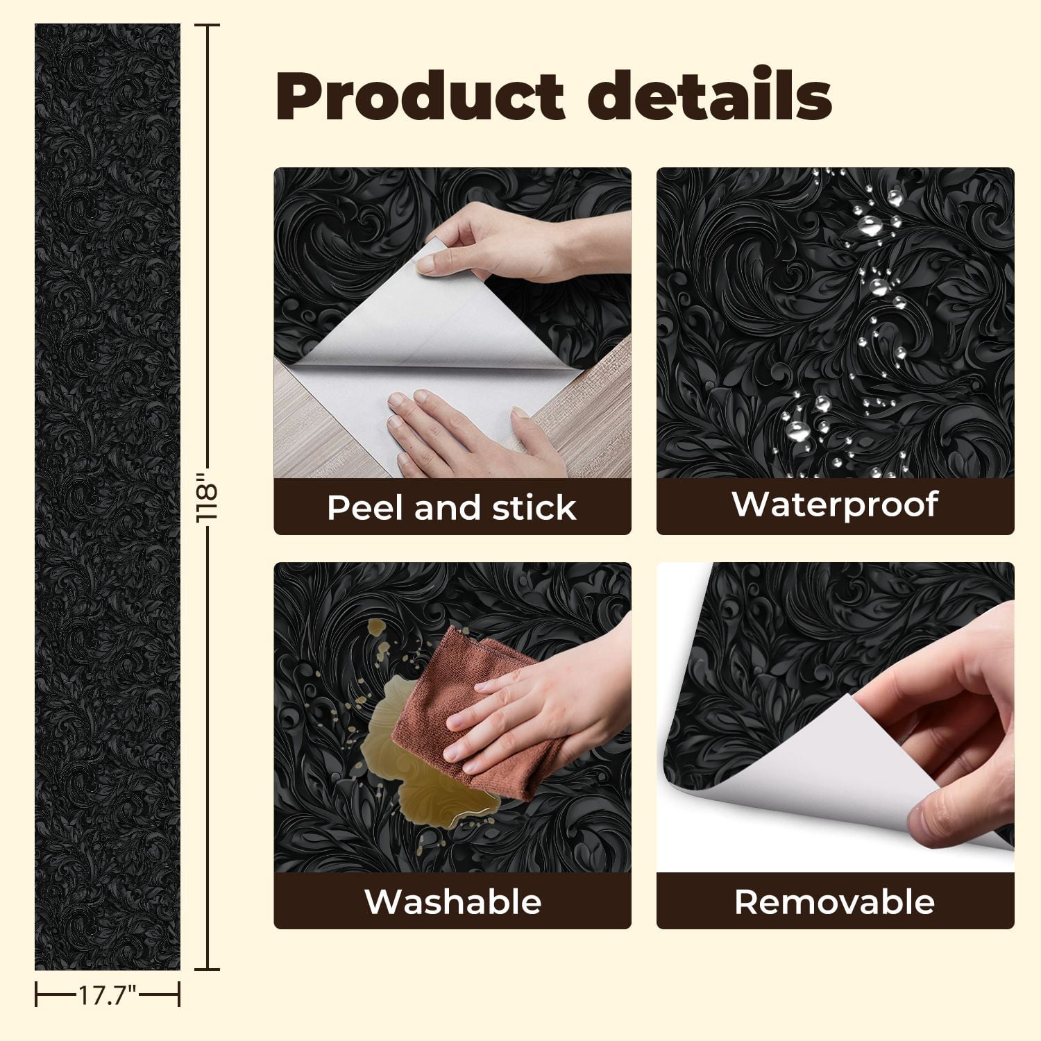 Peel and Stick Wallpaper Black Gray Floral Embossed Swirling Curves Intricate Wall Mural 17.7in x 9.8ft Self Adhesive Removable Wall Paper Renter Friendly Wallpaper for Nursery Bedroom Cabinets