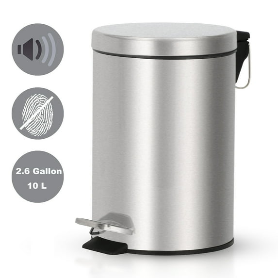 Stainless Steel Trash Can with Lid 2.6 Gallon Step-on Garbage Can for Kitchen Bathroom, Silver
