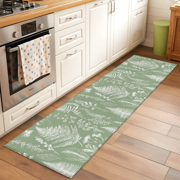 Runner Rug 2 x 6 Ft, Sage Green Botanical Washable Non-Slip Floor Mat for Kitchen Hallway/Entryway, Farmhouse Country Leaves Plant Long Kitchen Runner Area Rugs for Living Room, Low-Profile