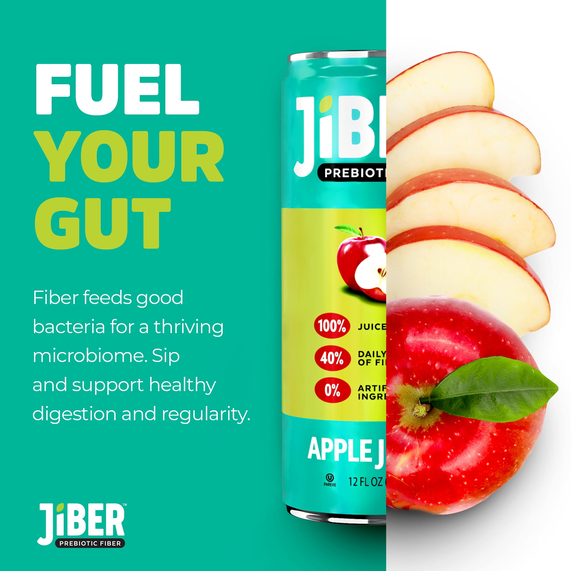 JIBER High Fiber Apple Juice Drink - No Sugar Added - 12 fl oz Apple Juice Cans with 40% Daily Fiber Supplement - Prebiotic Drink- Healthy Drinks for Kids - Juice for Teens, Adults & Seniors -12 pack