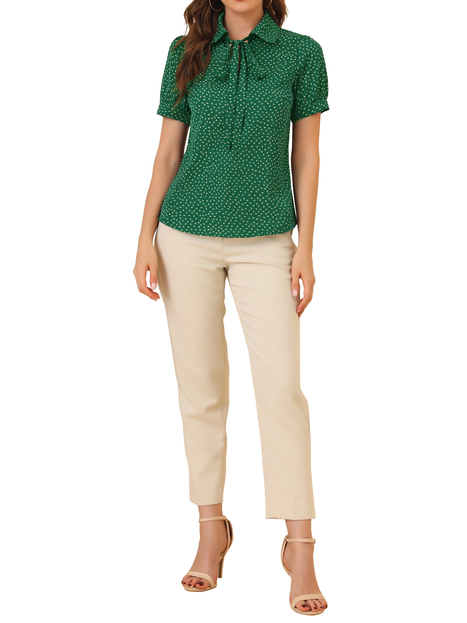 DARING DIVA Women's Polka Dots Tie Bow Chiffon Blouse L Dark Green-Dots