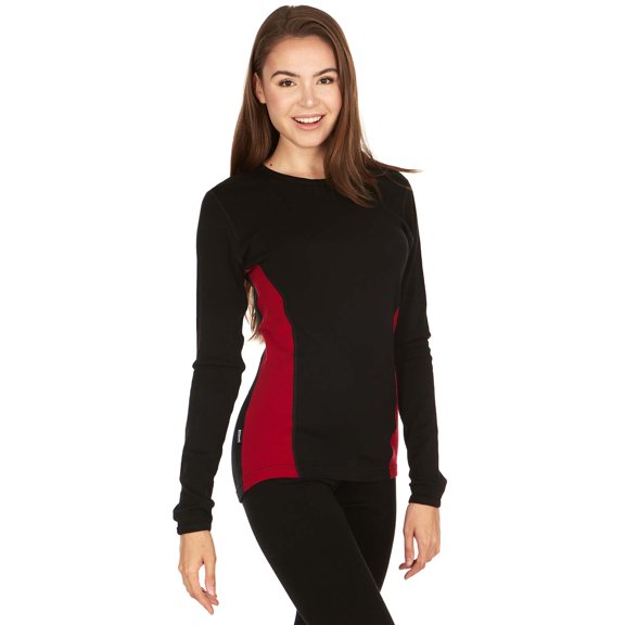 100% Merino Wool - Women's Midweight Base Layer - Long Sleeve Crew - Black True Red - Medium