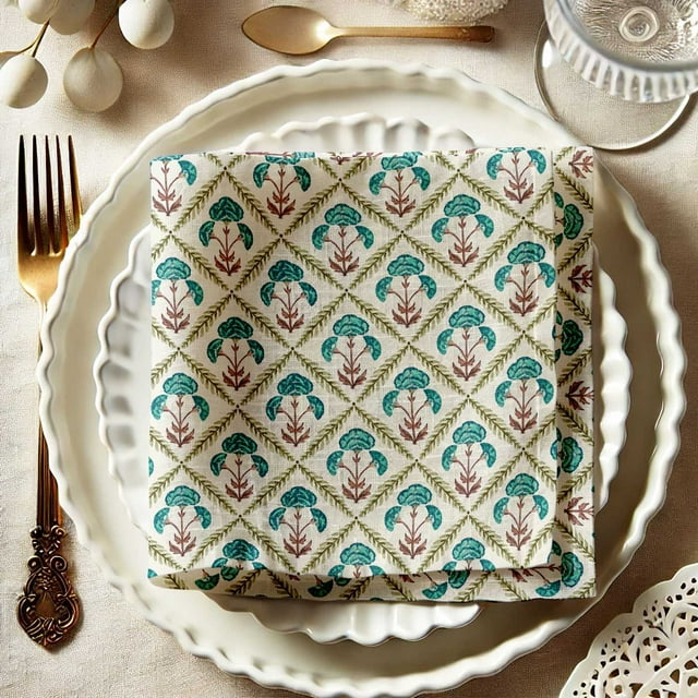 Vargottam Vibrant Green Floral Cotton Muslin Napkins - Set of 12, 20-Inch, Luxurious & Absorbent, Perfect for Festive Occasions, Outdoor Dining, and Home Decor - Machine Washable