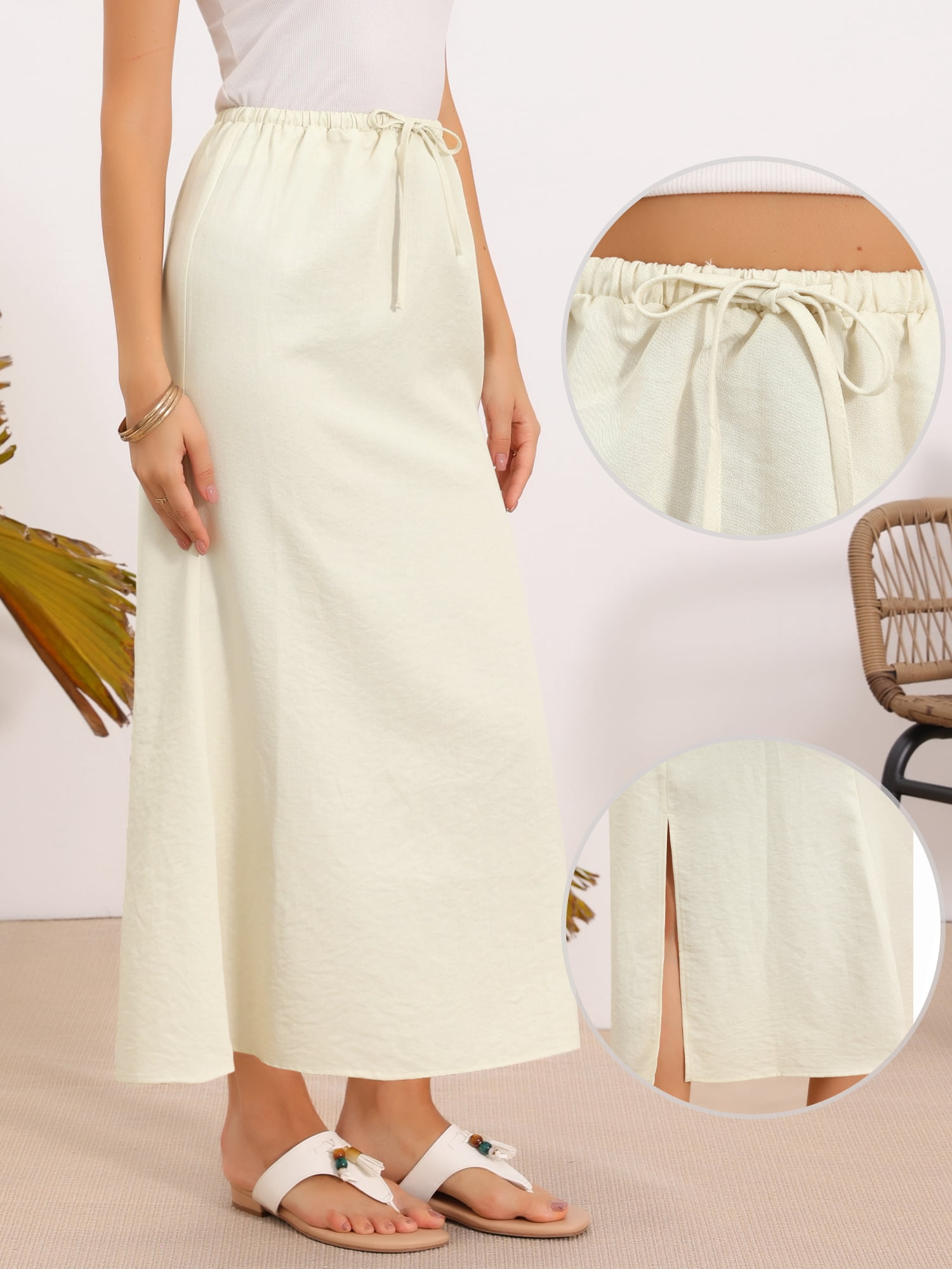 DARING DIVA Women's Elastic Drawstring Back Slit Long Skirts X-Small Beige