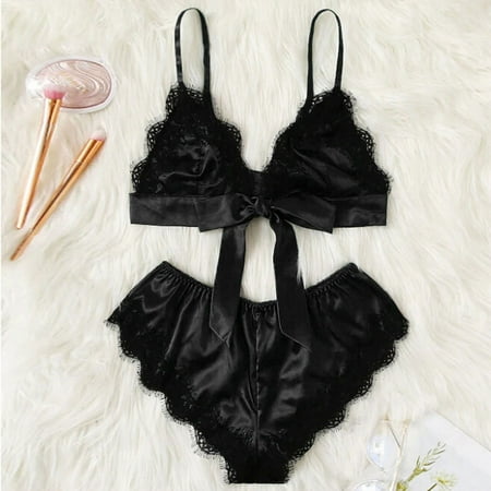 

Medcursor Lingerie Set Lace Patchwork Bandage Satin Womens Sexy Underwear Sleepwear