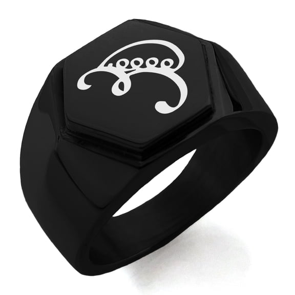 Stainless Steel Reiki Iava Persistence Engraved Hexagon Crest Flat Top Biker Style Polished Ring